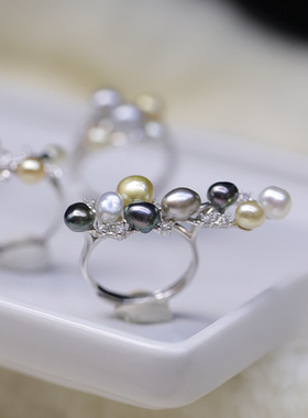 平衡木多珠混彩孔雀绿keshi925银款可调节戒指澳白无核野生定制款