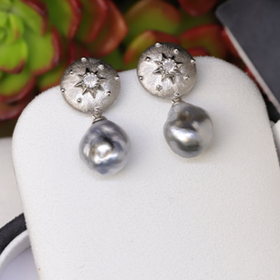 大溪地铂金灰keshi无核海水克旭珍珠925精工银款 可拆卸双用耳钉