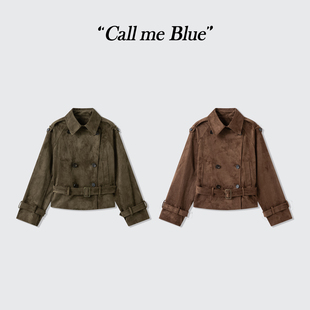 Call me Blue都市游牧风麂皮绒短款双排扣翻领风衣