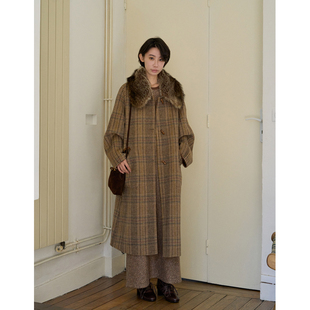 Call me Blue秋冬复古质感双面穿宽松浣熊毛领羊毛大衣外套