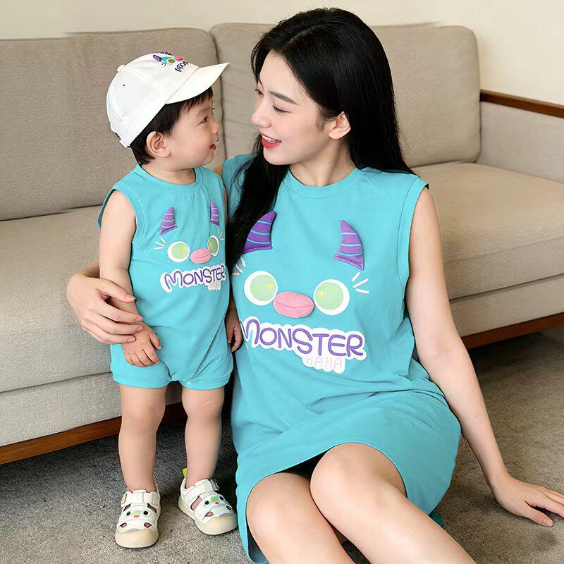 婴儿衣服夏季亲子超萌小怪兽宝宝衣服妈妈同款裙子夏装纯棉大人款