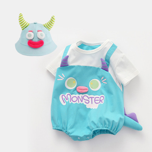 婴儿连体衣假两件短袖夏季薄款宝宝哈衣纯棉包屁衣新生儿夏装爬服