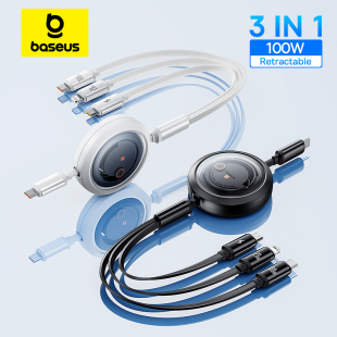 100W 3 in 1 USB Cable适用于iPhone Charger Micro USB Type C三合一数据线车载充电线66W快充伸缩一拖三