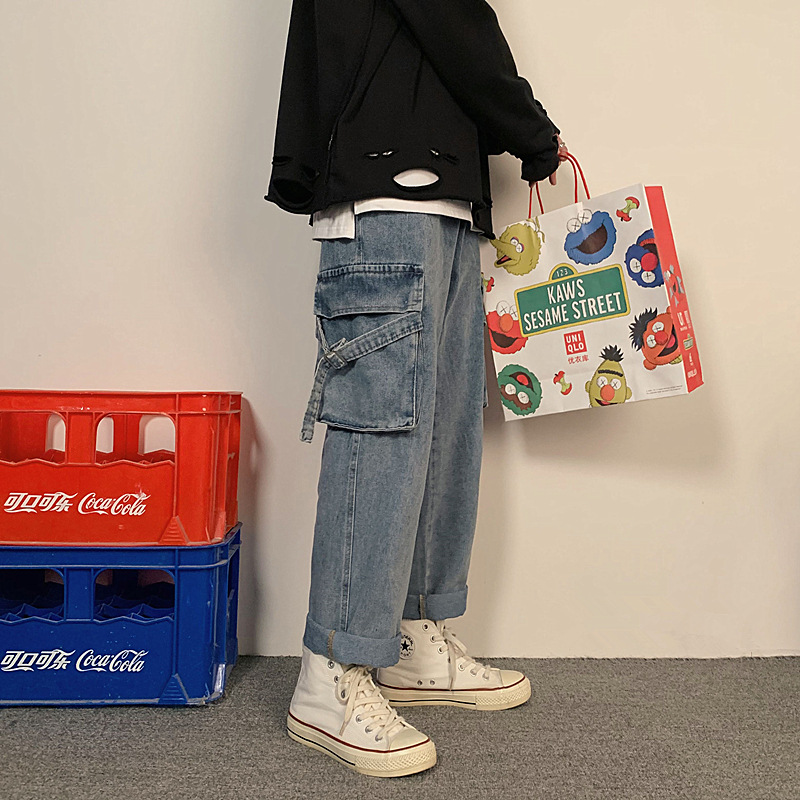 New spring and autumn men's wide leg jeans student's Hong Kong style trend loose drop Capris