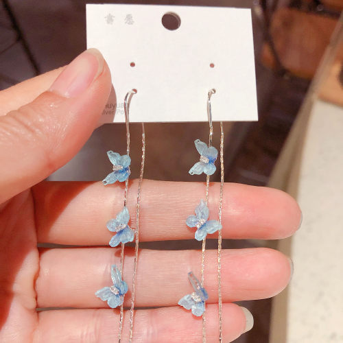 小众超仙蓝色蝴蝶流苏耳线耳环女