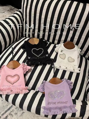 现货TFM宠物蕾丝水钻T恤珍珠牛仔打底裙宠物黑白背带裙套装