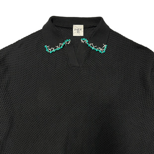 PAGE10自主设计篱笆凌乱交叉缝制绿松石复古镂空网眼纯棉POLO衫