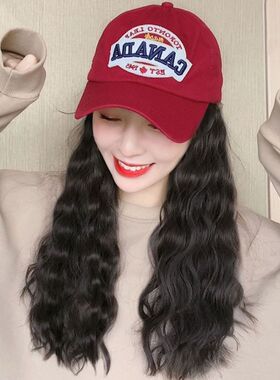 棒球帽子女韩版潮夏天假发帽子一体时尚网红长卷发百搭鸭舌帽防晒