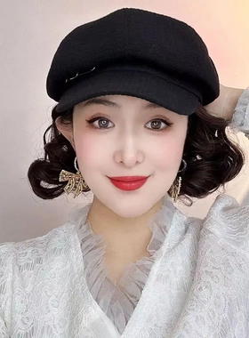 假发一体贝雷帽毛呢刺绣蝴蝶短发中长发洋气减龄时尚妈妈款帽子