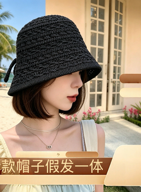 镂空草帽假发一体女夏季短发波波头透气遮阳防晒懒人假发帽