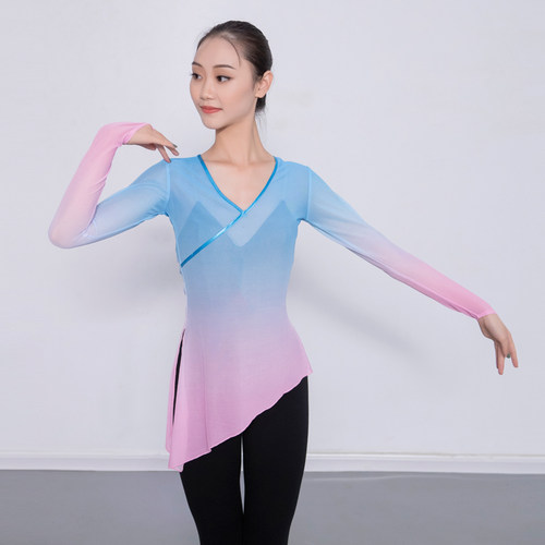 古典舞身韵练功服女成人新款现代中国风飘逸网纱教师上衣渐变纱衣