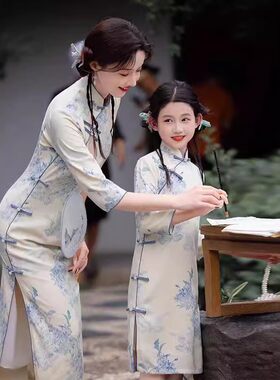 新中式女童亲子旗袍母女春秋长袖儿童改良版连衣裙中国风一模一样