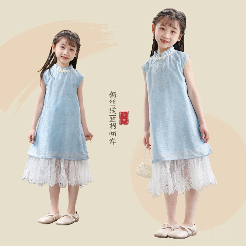 女童旗袍改良夏季新款儿童唐装新中式蕾丝连衣裙假两件汉服公主裙