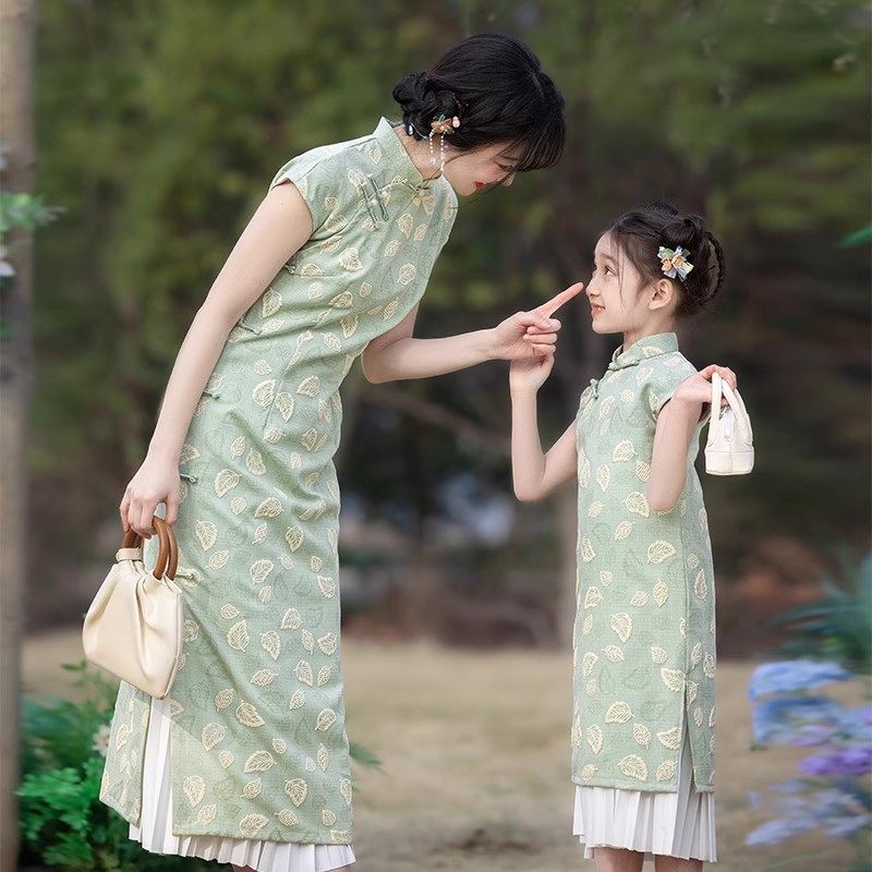 国风母女款亲子装汉服2026新款夏季儿童新中式女童唐装连衣裙绿色图片