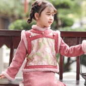 女童唐装 拜年服 马甲冬加绒儿童背心汉服古风连衣裙小女孩长袍套装