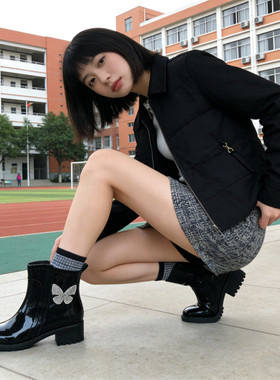 新品水钻蝴蝶结中筒雨鞋女防滑防水时尚学生雨靴卡通低帮马丁靴女