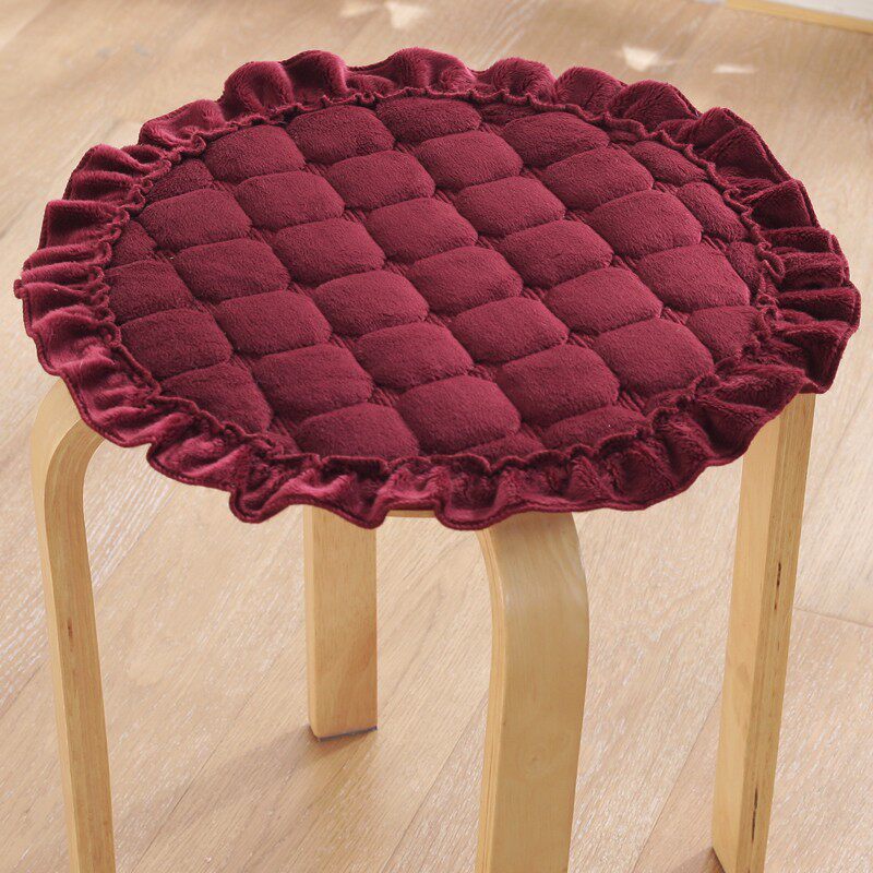 毛绒圆形酒红椅子垫防滑垫四季通用客厅圆垫系带圆凳坐垫餐椅垫套