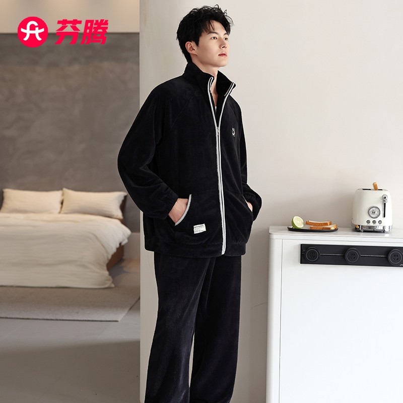 芬腾睡衣男士冬季珊瑚绒加厚加绒男款秋冬法兰绒高级感拉链家居服