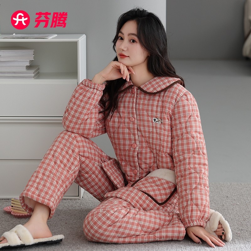 芬腾睡衣女冬季三层加厚夹棉珊瑚绒可外穿梭织纯棉大码家居服套装