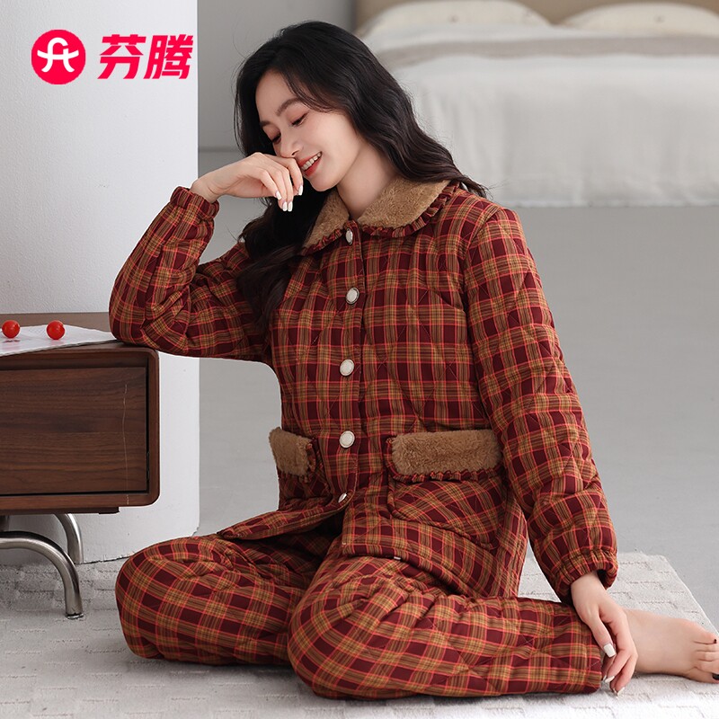芬腾【巨保暖】睡衣女冬季三层加厚加绒梭织纯棉夹棉珊瑚绒家居服
