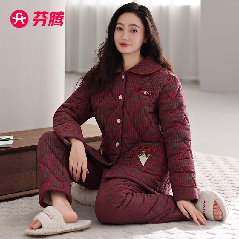 芬腾睡衣女秋冬季三层加厚保暖中年妈妈梭织纯棉夹棉珊瑚绒家居服