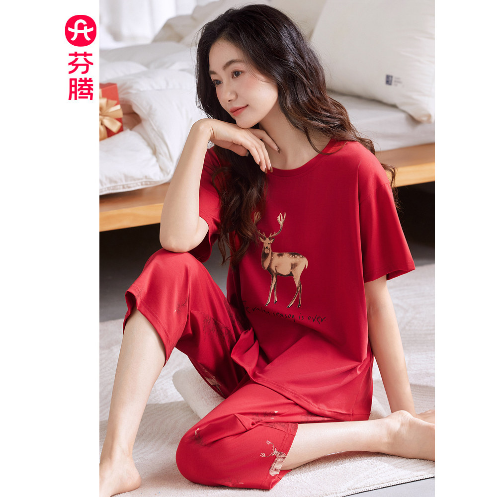 芬腾夏季睡衣女纯棉短袖七分裤套装红色卡通本命年蛇年结婚家居服