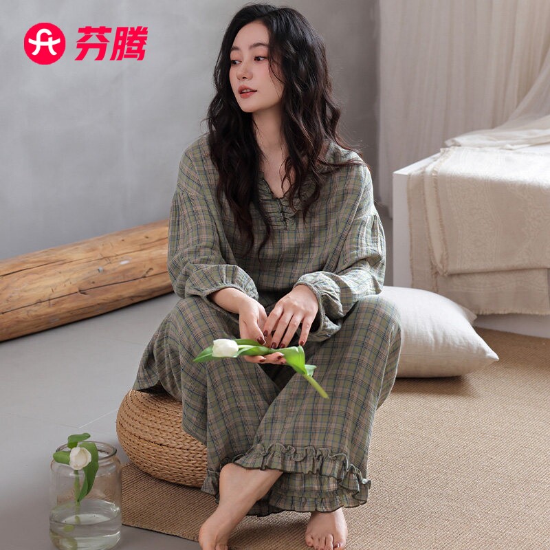芬腾春秋季女款睡衣新款纯棉女士长袖秋季家居服秋冬全棉大码套装