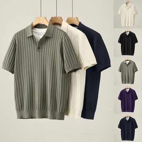 2026 Polo Knitted Men's Flip Collar Striped Business T-shirt