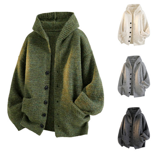 2026 Winter men's cardigan jacket lazy loose hooded sweater