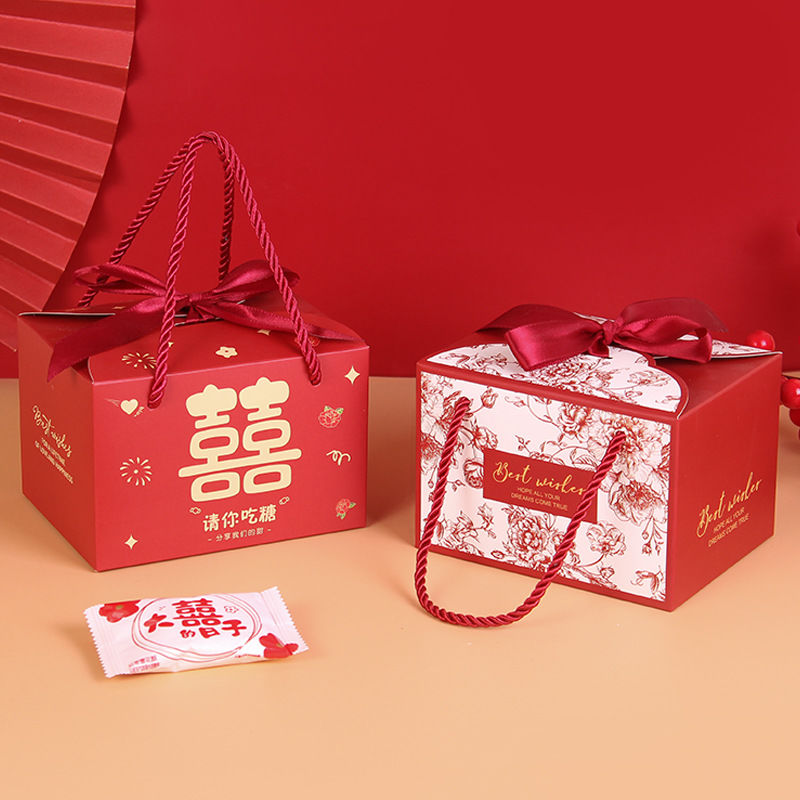 中式结婚喜糖盒小众精美蝴蝶结手提式长方形订婚糖果礼盒