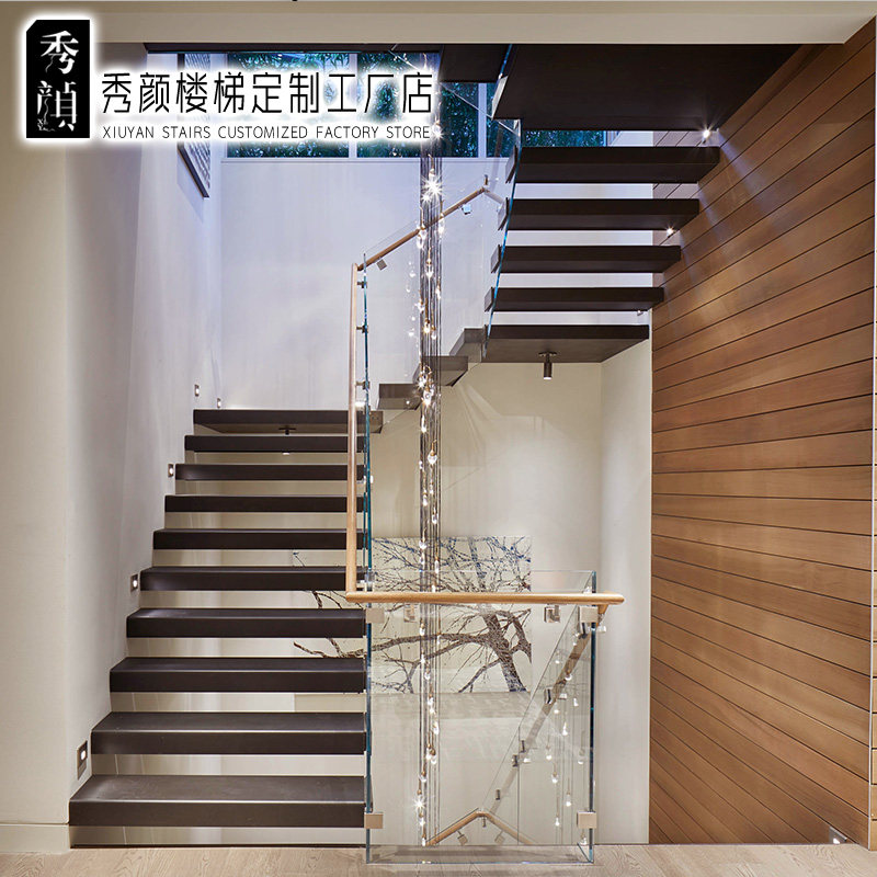 钢木悬浮楼梯双跑玻璃护栏网红轻奢别墅复式阁楼室内整体定制成品