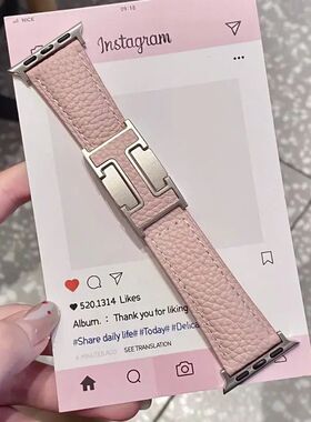 适用华为gt4苹果Applewatch10荣耀荔枝纹真皮H扣磁吸高级舒适软皮