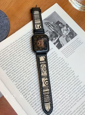 适用OPPOwatchx2mini43pro手表带Se马鞍皮质帆布运动黑色花纹潮款