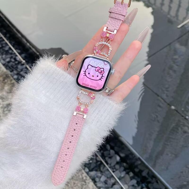 KT猫镶钻蝴蝶结表带适用苹果watch10荔枝纹真皮华为fit4小米9荣耀