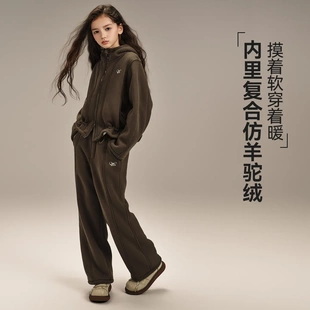 女童加绒柔软不皱收腰套装内里复合仿羊驼绒加厚保暖卫衣两件套