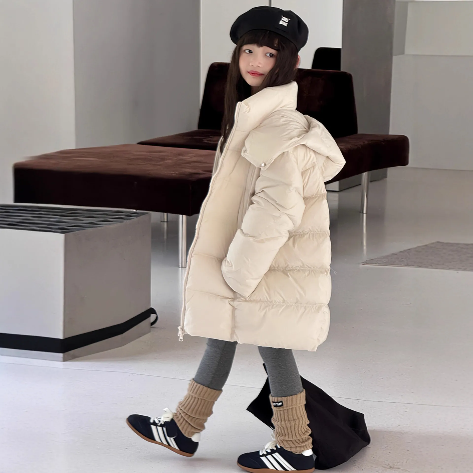 韩国儿童2025新款连帽中长款羽绒服中大童90白鸭绒男女童加厚外套