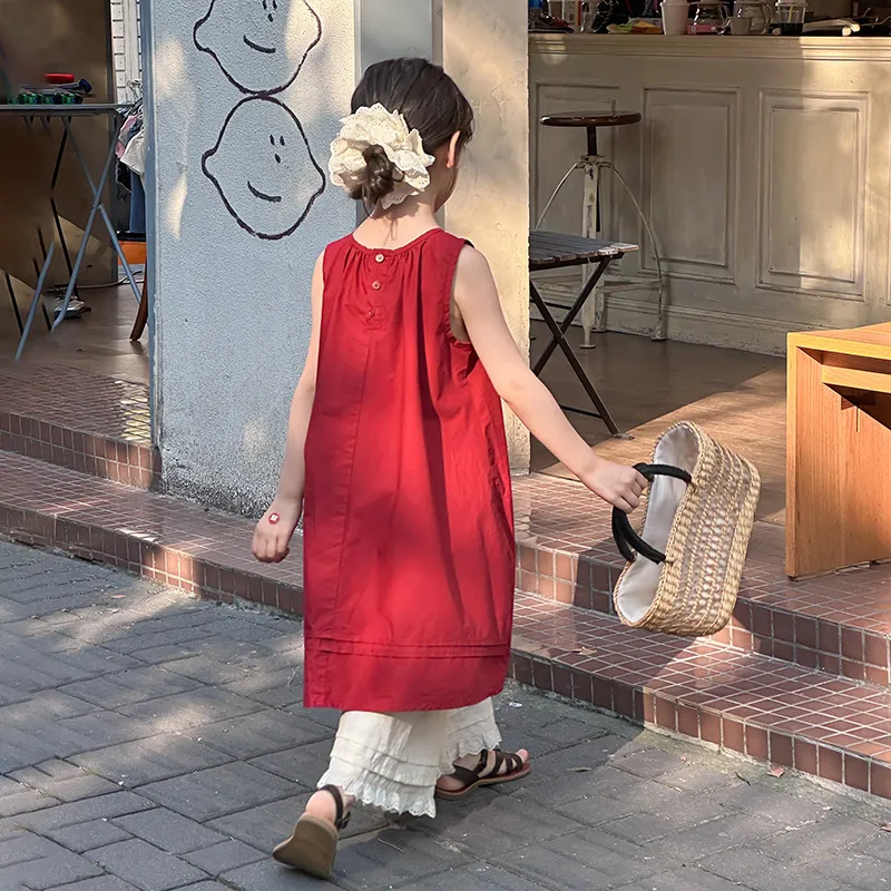 艾摩贝贝女童棉布裙子2025夏季连衣裙儿童红色气质无袖公主背心裙