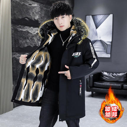 2025新款派克服男潮流加绒加厚中长款羽绒服连帽棉衣冬季男装外套