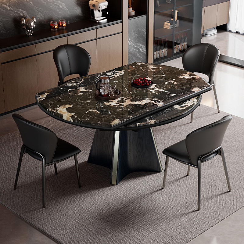 意式轻奢天然大理石餐桌椅组合方圆俩用可伸缩小户型可折叠微晶石