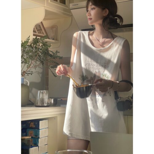 JMWOMEN 夏日已到共枕夏风 法式手绘背心女夏慵懒中长款圆领上衣