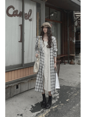 JMWOMEN 复古艺术生格子长袖连衣裙女秋宽松假两件设计长款衬衫裙