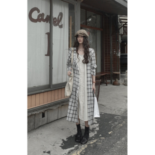 JMWOMEN 复古艺术生格子长袖连衣裙女秋宽松假两件设计长款衬衫裙