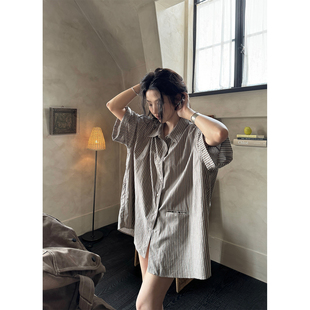 JMWOMEN 昔日灰调 复古竖条纹短袖衬衫女2026夏宽松下身失踪上衣