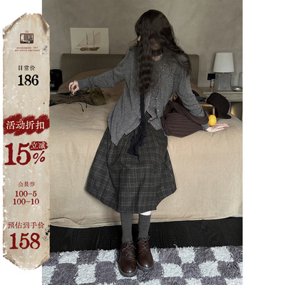 JMWOMEN棕绿格纹毛呢百褶半身裙女冬季加厚宽松复古a字中长款裙子