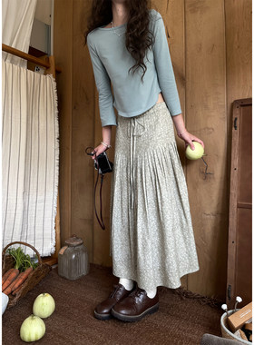 JMWOMEN 绿色复古雏菊小玫瑰碎花百褶半身裙女秋宽松高腰a字长裙