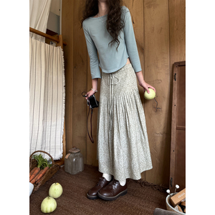JMWOMEN 绿色复古雏菊小玫瑰碎花百褶半身裙女秋宽松高腰a字长裙