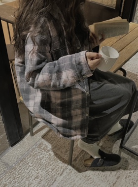 JMWOMEN 连帽夹棉灰色格子棉服外套女冬季加绒加厚日系显瘦上衣