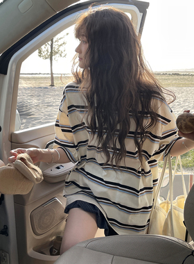 JMWOMEN 21度的夏日风 黑蓝条纹中袖T恤女夏宽松oversize圆领上衣