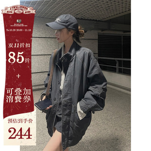 JMwomen 重工立体倒褶袖烟灰色夹棉牛仔外套女春秋2026宽松中长款