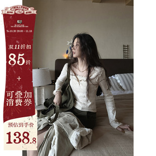 JMWOMEN乳酪黄复古碎花层次长袖T恤女秋季修身假两件设计打底上衣